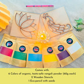 Children engaging in Rangoli decoration for celebrations using the Timeless Rangoli Kit, creating colorful patterns.